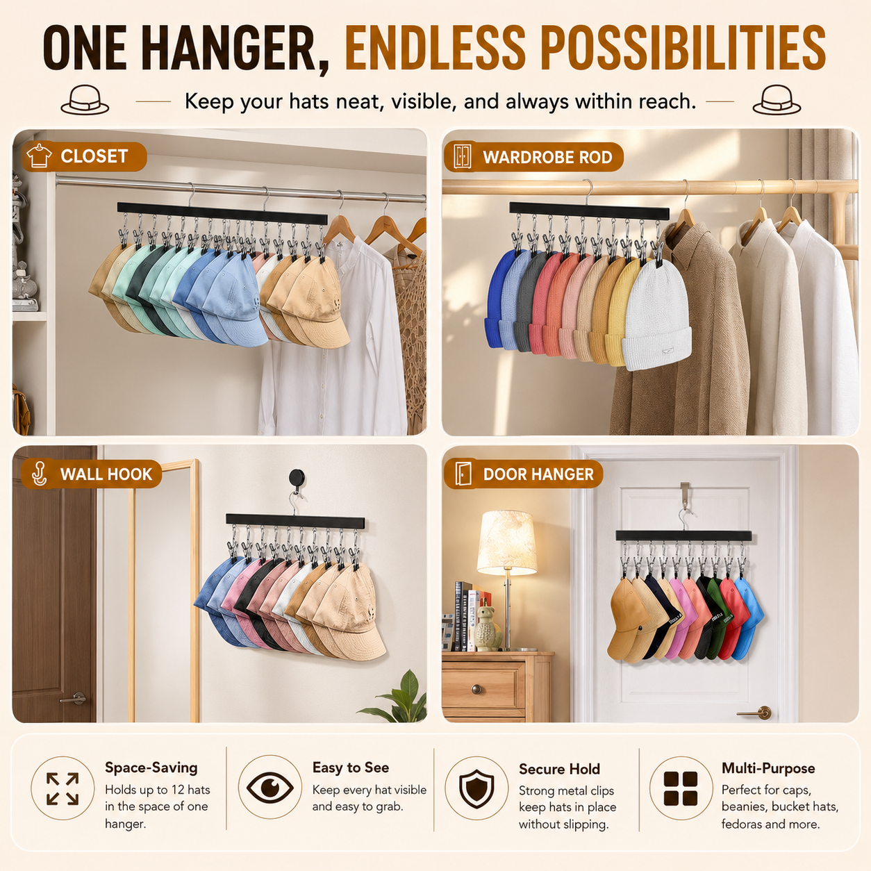 Wooden Hat Organizer, 12 Clip Wall Hanger for Caps & Clothing