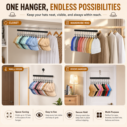 Wooden Hat Organizer, 12 Clip Wall Hanger for Caps & Clothing
