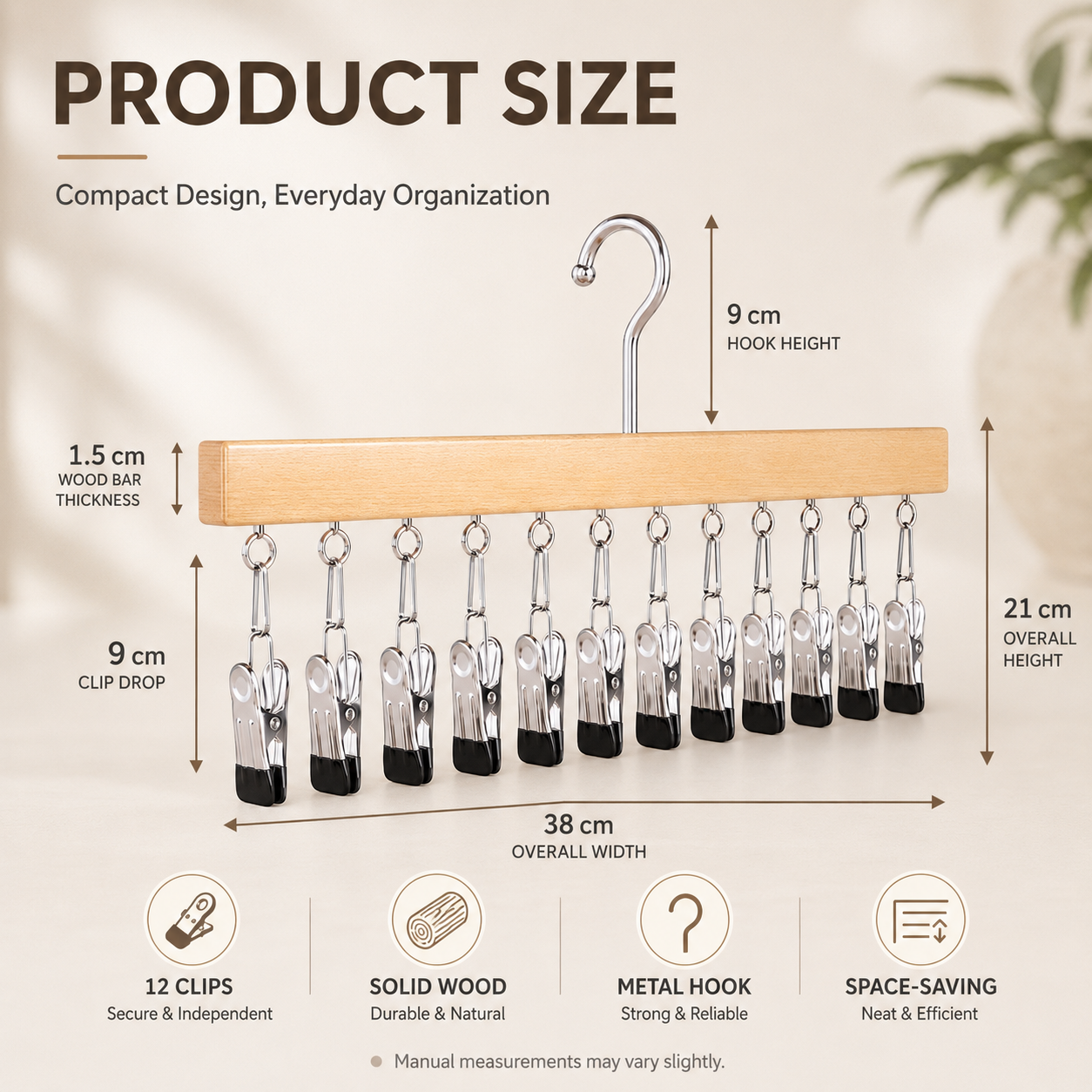 Wooden Hat Organizer, 12 Clip Wall Hanger for Caps & Clothing