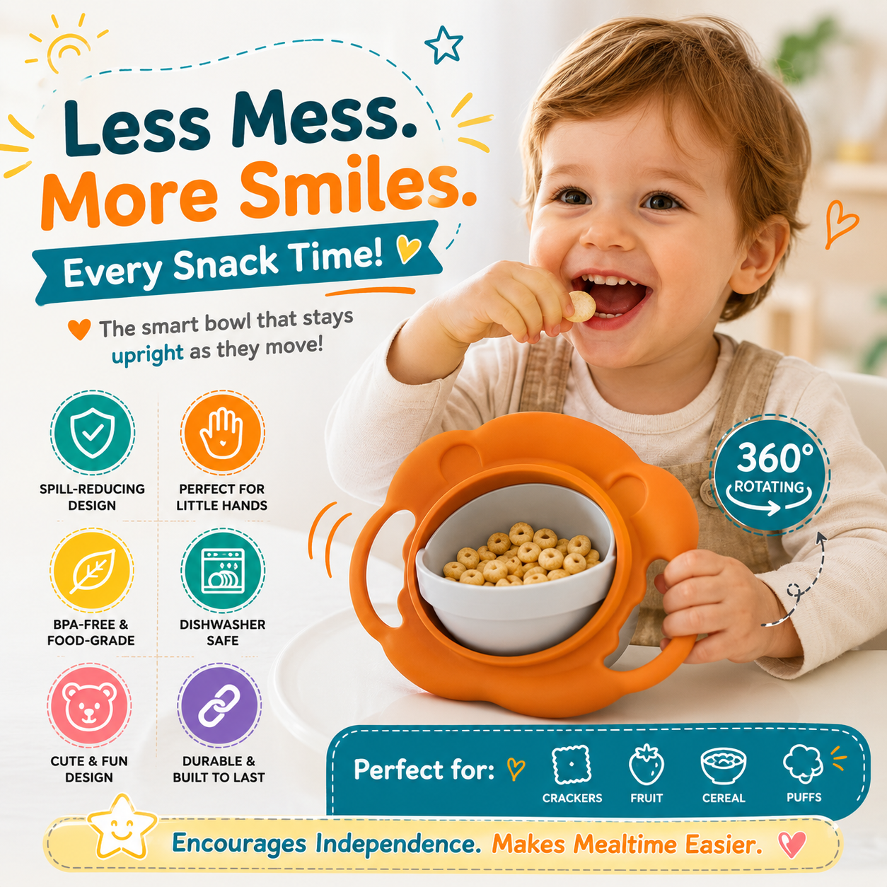 ✨ 360° Spill-Proof Snack Bowl – The Mess-Free Solution for Toddlers