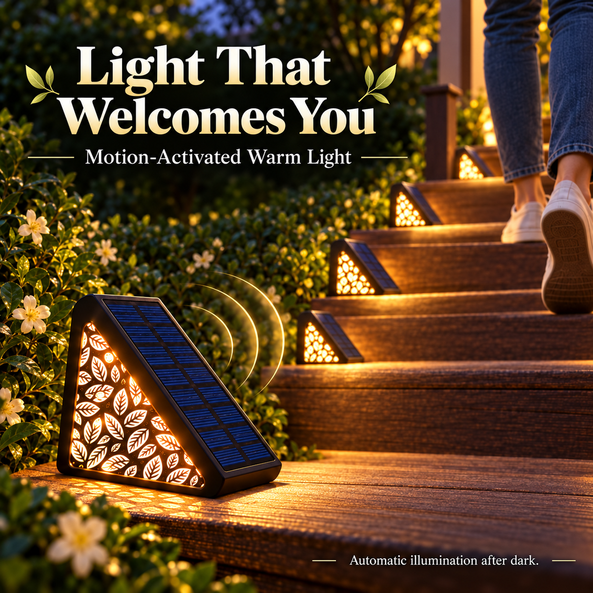 🌙 50% OFF! Solar Motion Sensor Step Lights – Long-Lasting Battery, IP65 Waterproof & DIY Custom Floral Glow. No Wiring for Gardens, Decks & Pathways.