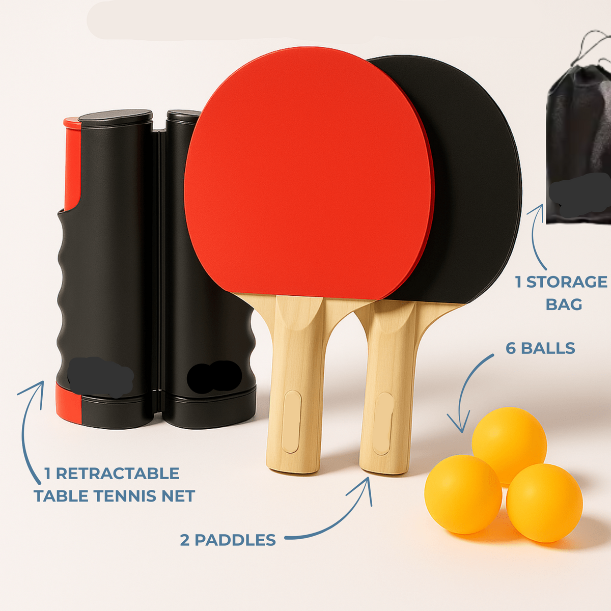 NetSnap Table Tennis Set (Retractable Net, 2 Paddles, 6 Balls & Storage Bag)