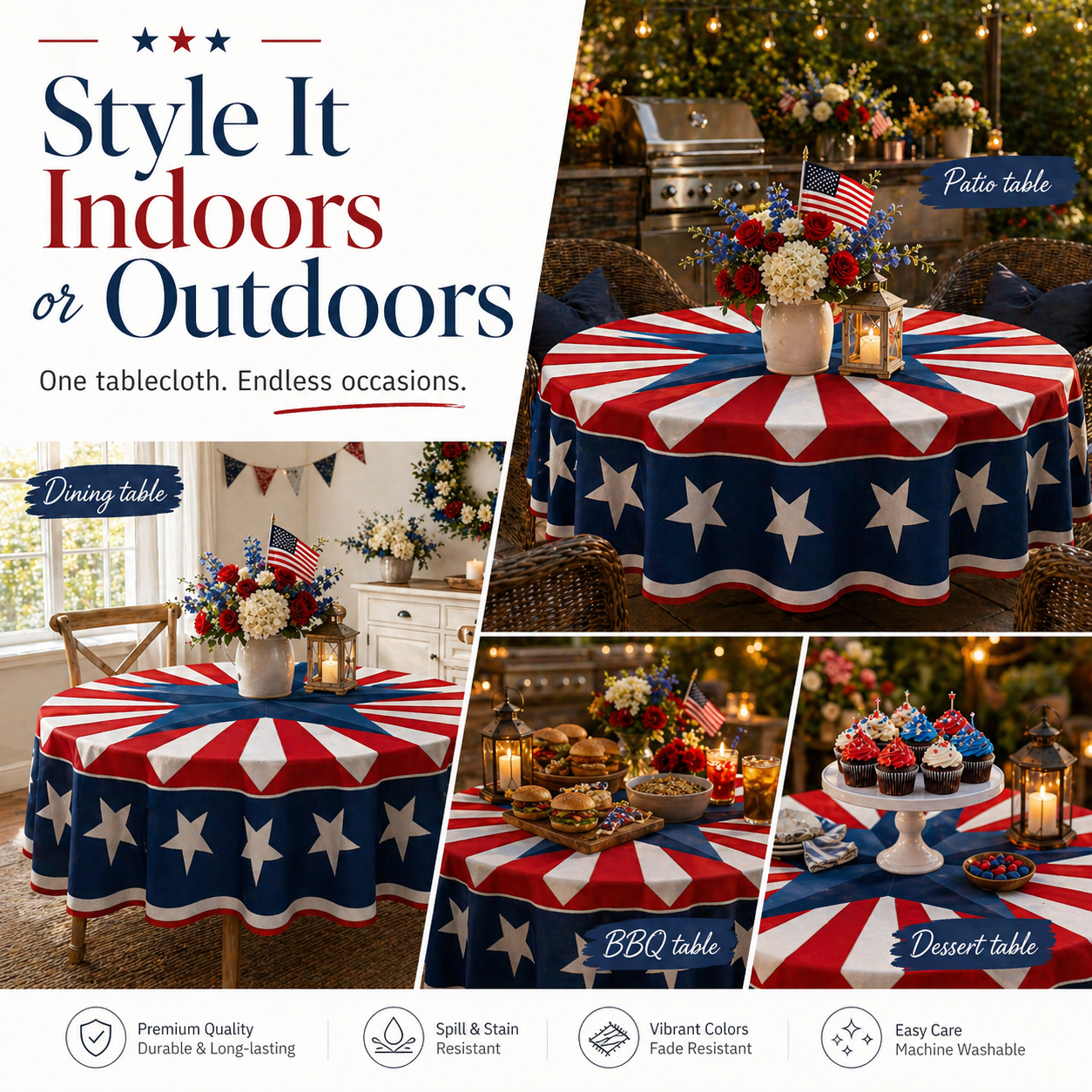 🔥HOT SELLER！Patriotic Starburst Tablecloth⭐🎆 | Round & Rectangle All Sizes Available