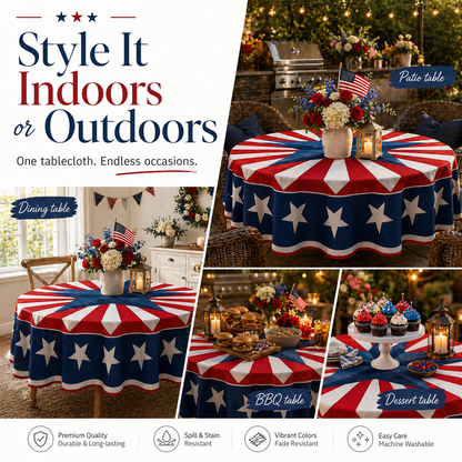 🔥HOT SELLER！Patriotic Starburst Tablecloth⭐🎆 | Round & Rectangle All Sizes Available