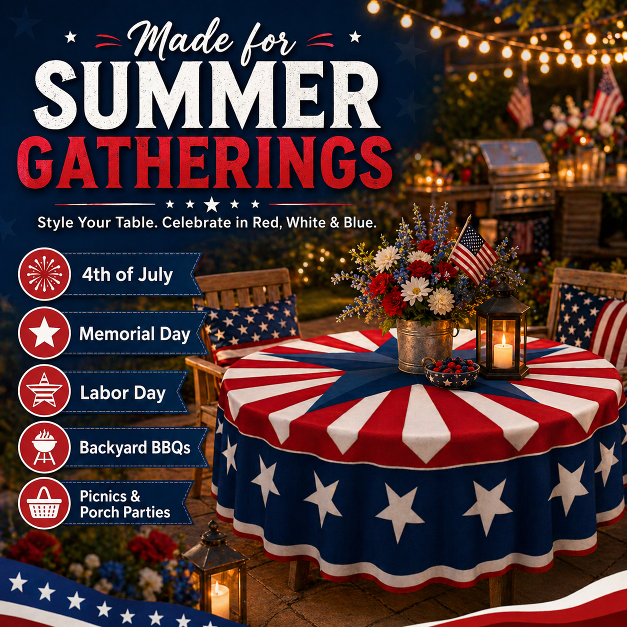 🔥HOT SELLER！Patriotic Starburst Tablecloth⭐🎆 | Round & Rectangle All Sizes Available