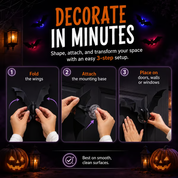 Glowing 3D LED Flying Bat Wall Decor (12–120 Pcs Set) — Instant Haunted Atmosphere