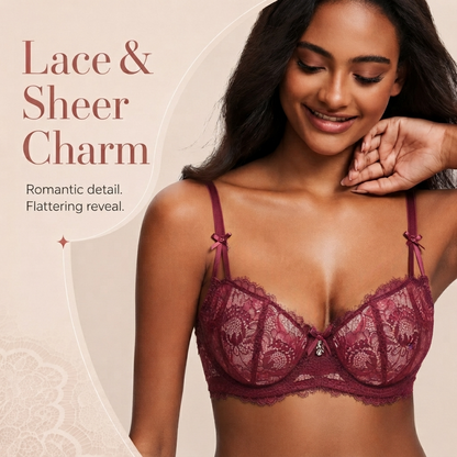 🌹 Women's Balconette Sexy Lace Push Up Bra – See Through & Underwire Free