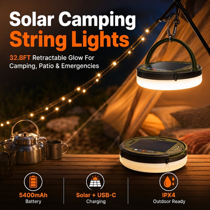 🔆 Solar String Lights 32.8ft – 5400mAh, Retractable & Waterproof for Camping & Emergencies