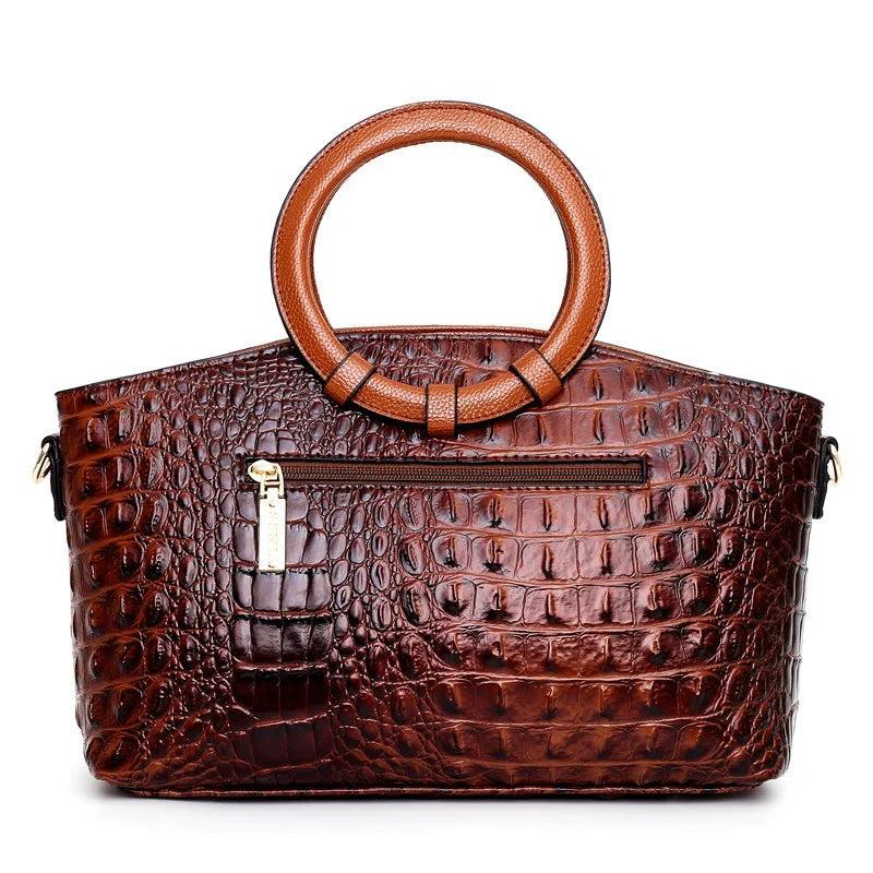 Women Croc Embossed Ring Handle Handbag