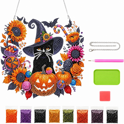 Halloween Diamond Painting Hanging Ornament 5D DIY Diamond Art Suncatcher Pumpkin Black Cat Wreath with Chain for Window Wall Home Decor