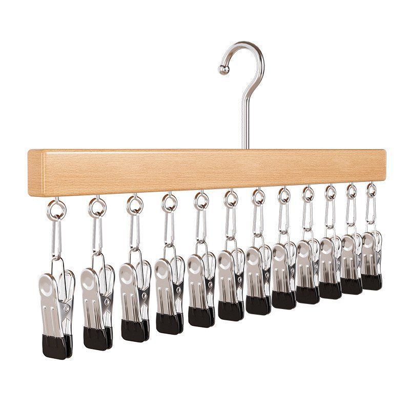Wooden Hat Organizer, 12 Clip Wall Hanger for Caps & Clothing