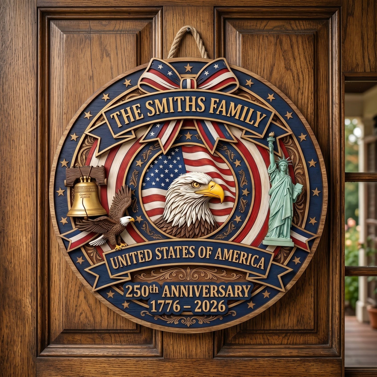 🎖️ Personalized USA 250th Anniversary Wooden Wall Sign – “A Nation’s Legacy, A Family’s Pride”