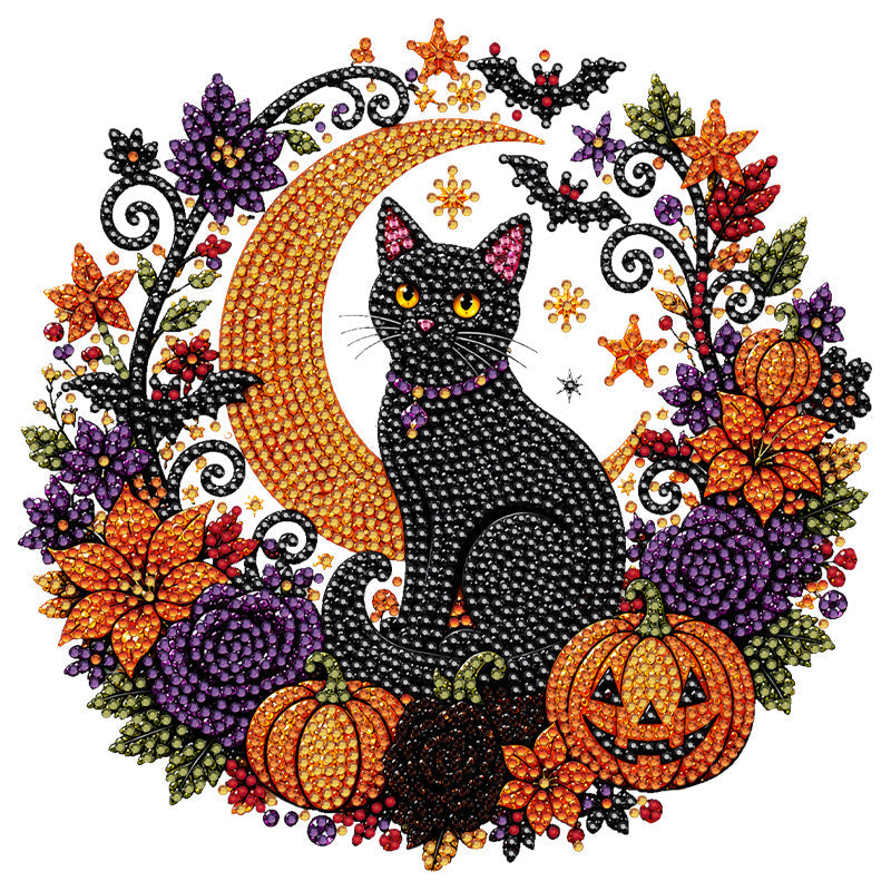 Halloween Diamond Painting Hanging Ornament 5D DIY Diamond Art Suncatcher Pumpkin Black Cat Wreath with Chain for Window Wall Home Decor