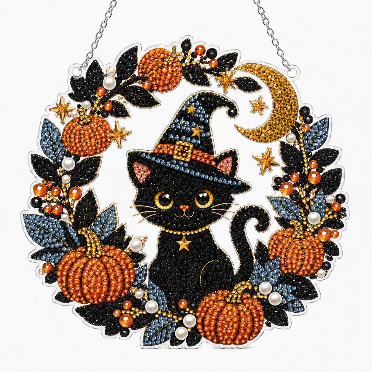Halloween Diamond Painting Hanging Ornament 5D DIY Diamond Art Suncatcher Pumpkin Black Cat Wreath with Chain for Window Wall Home Decor