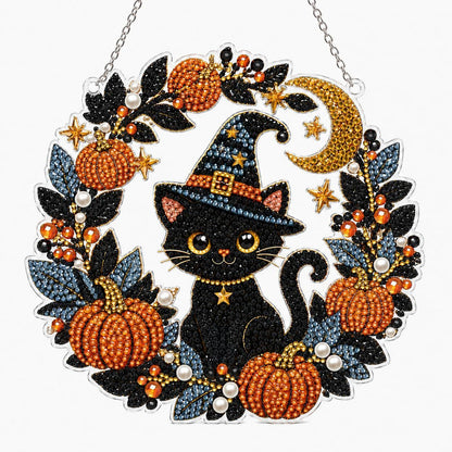 Halloween Diamond Painting Hanging Ornament 5D DIY Diamond Art Suncatcher Pumpkin Black Cat Wreath with Chain for Window Wall Home Decor