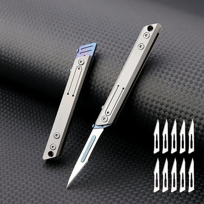 🔪 Titanium Mini Utility Knife – 10 Replaceable Blades