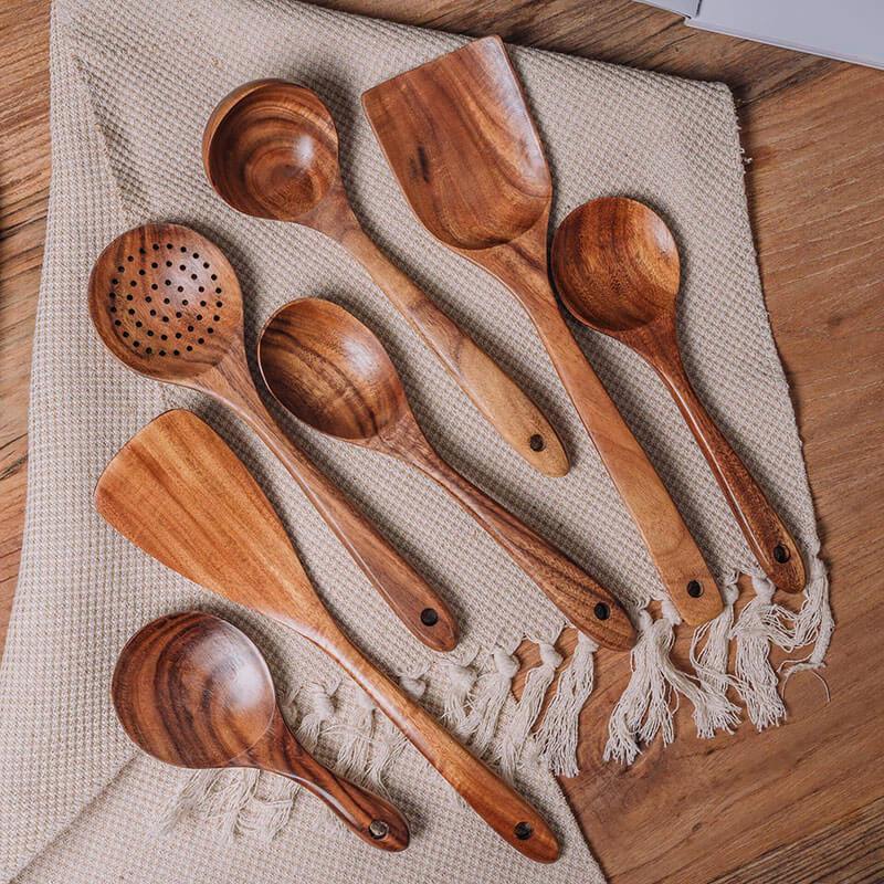 🌿 100% Pure Teak Wooden Kitchen Utensils – No Harsh Chemicals, Gentle on All Cookware🍴