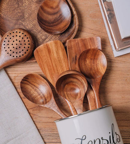 🌿 100% Pure Teak Wooden Kitchen Utensils – No Harsh Chemicals, Gentle on All Cookware🍴