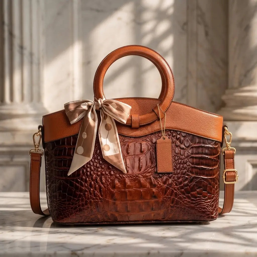 Women Croc Embossed Ring Handle Handbag