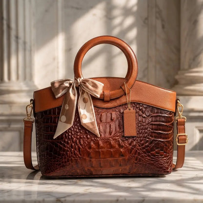 Women Croc Embossed Ring Handle Handbag