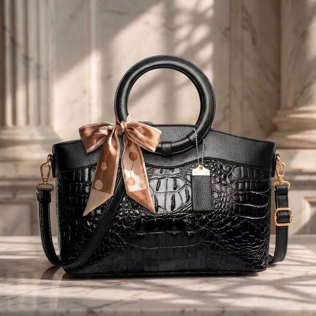 Women Croc Embossed Ring Handle Handbag