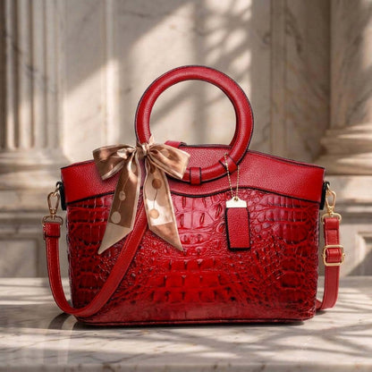 Women Croc Embossed Ring Handle Handbag