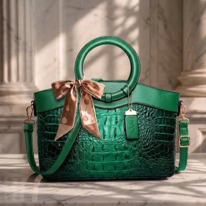 Women Croc Embossed Ring Handle Handbag
