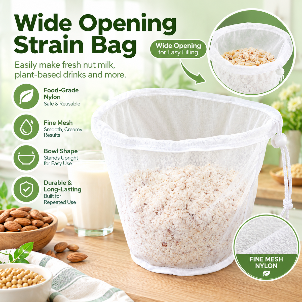 Bowl-Shaped Nylon Nut Milk Bag, Reusable Strainer Bags（3Pcs）