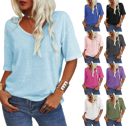 🔥 Women's Solid Color V-Neck T-Shirt Loose Fit Casual Daily Basic Top
