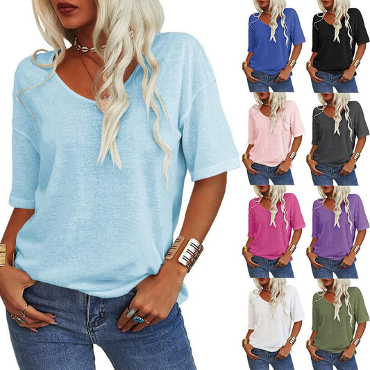 🔥 Women's Solid Color V-Neck T-Shirt Loose Fit Casual Daily Basic Top