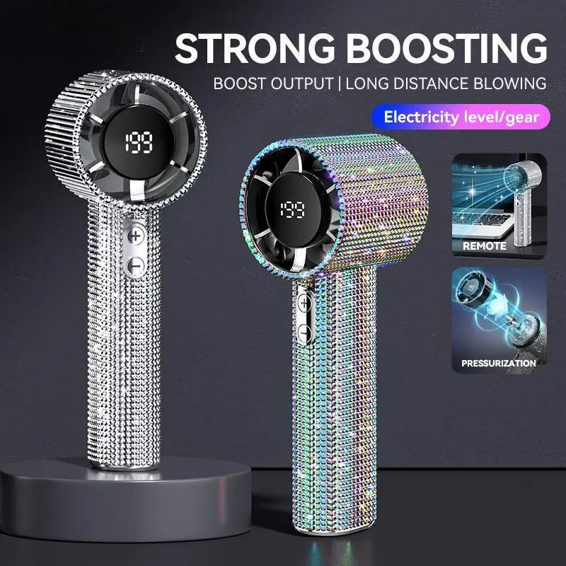 💎Luxury Diamond Bling Handheld Fan🌬️3 Speed Turbo Rechargeable Mini Fan With Digital Display