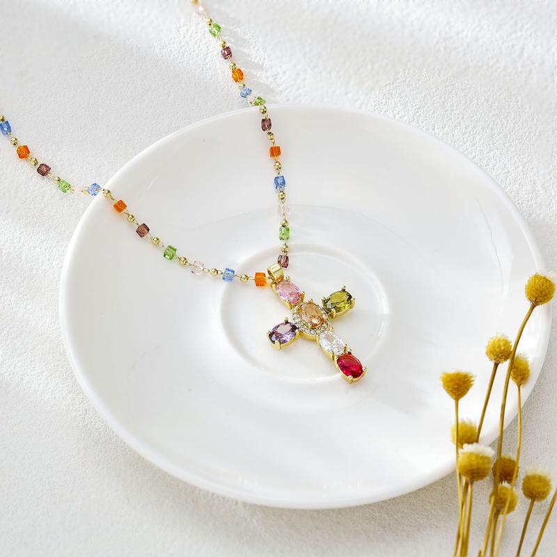 Multicolor Cubic Zirconia Cross Pendant Necklace