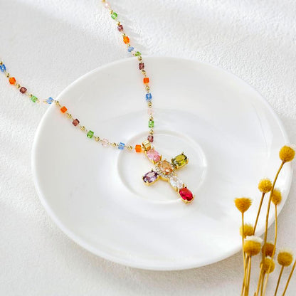 Multicolor Cubic Zirconia Cross Pendant Necklace