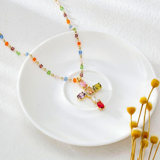 Multicolor Cubic Zirconia Cross Pendant Necklace