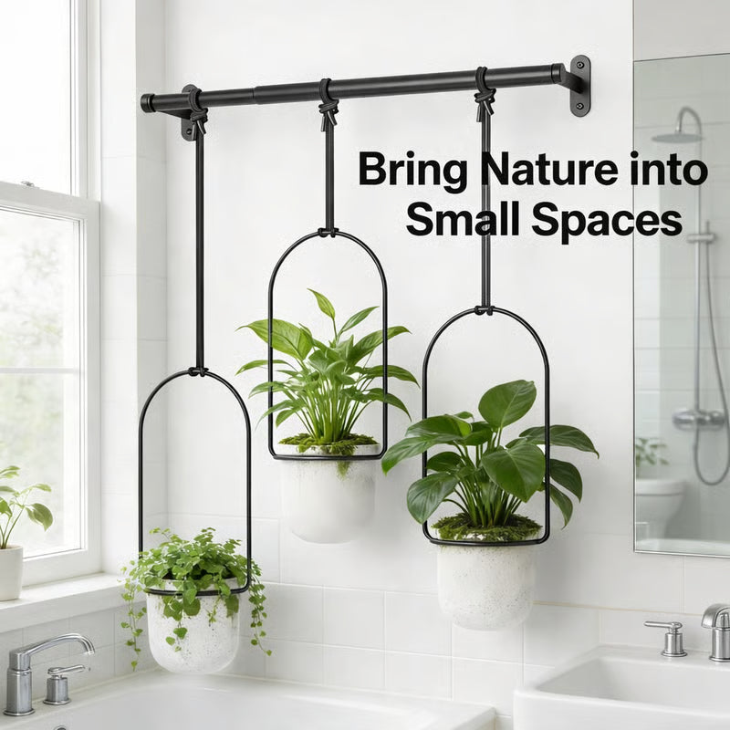 🌱 BESTSELLER |🌿Adjustable Hanging Window Planter Set – Metal Rod Plant Hanger with 3 Pots for Indoor & Outdoor Green Display