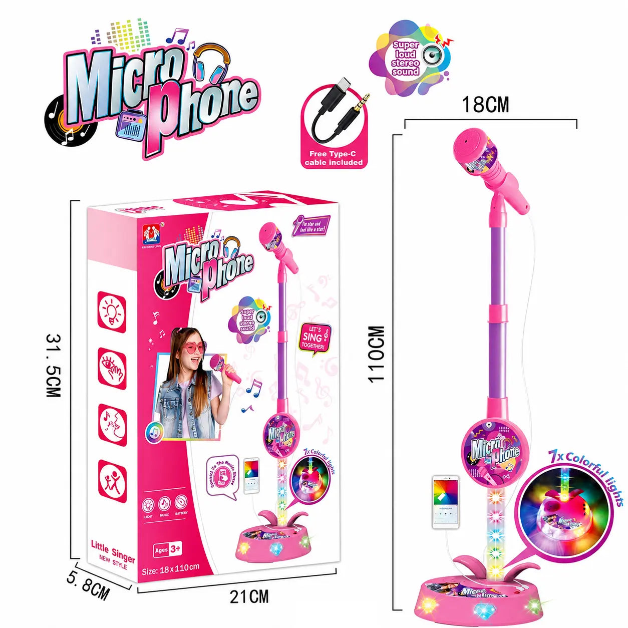 Kids Karaoke Microphone Toy with LED Lights & Music (Ages 2-12 Birthday Gift)