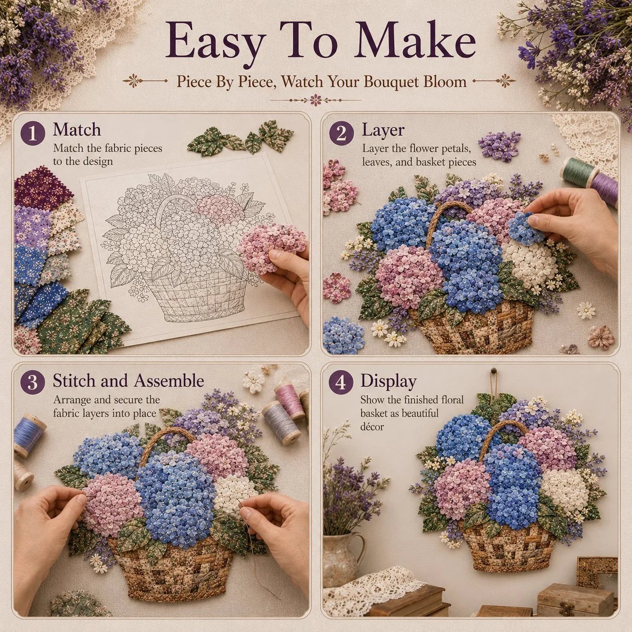 🔥HOT SALE🔥🌸🧵 Premium Floral Basket Patchwork DIY Kit | High-Quality Layered Fabric Bouquet with Raised Petals & Woven Basket Details ✨