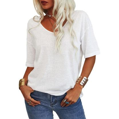 🔥 Women's Solid Color V-Neck T-Shirt Loose Fit Casual Daily Basic Top