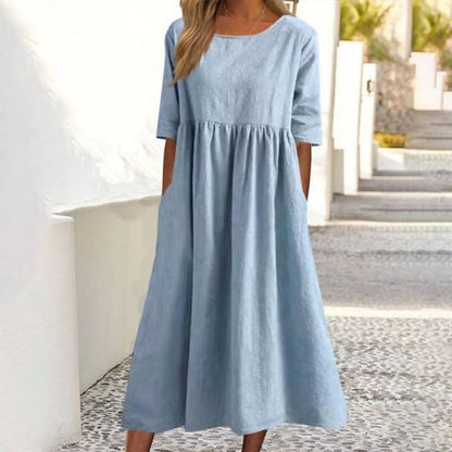 Summer New Cotton and Linen Casual Short Sleeve Pocket Fold Loose Round Neck Women's Dress