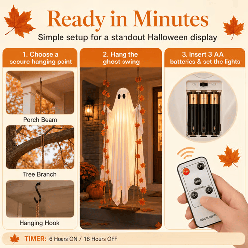 🔥Last Day 49% OFF - 71'' Spooky Hanging Ghost Porch Swing Ornament