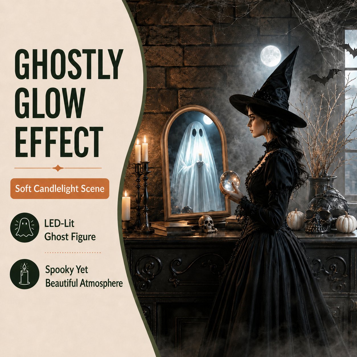 👻 Halloween Ghost Mirror with LED Candlelight Effect 🕯️