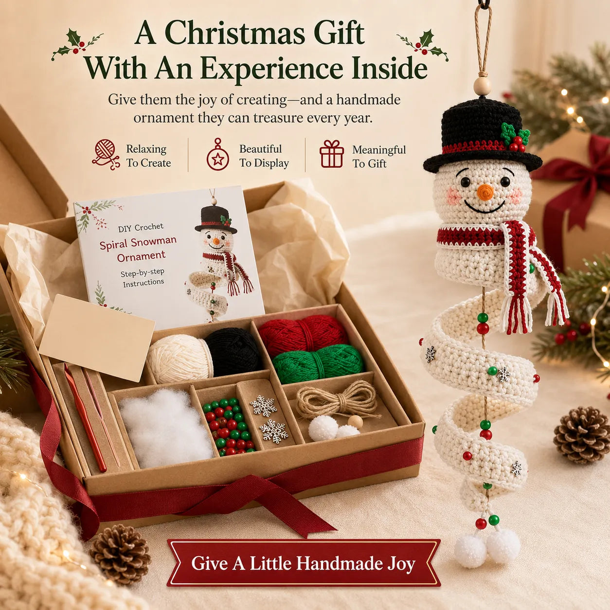 ☃️Crochet Snowman Spiral Ornament DIY Kit | Complete Beginner-Friendly Set with Soft Yarn, Crochet Hook, Festive Beads, Snowflakes & Step-by-Step Guide 🧶🎄✨