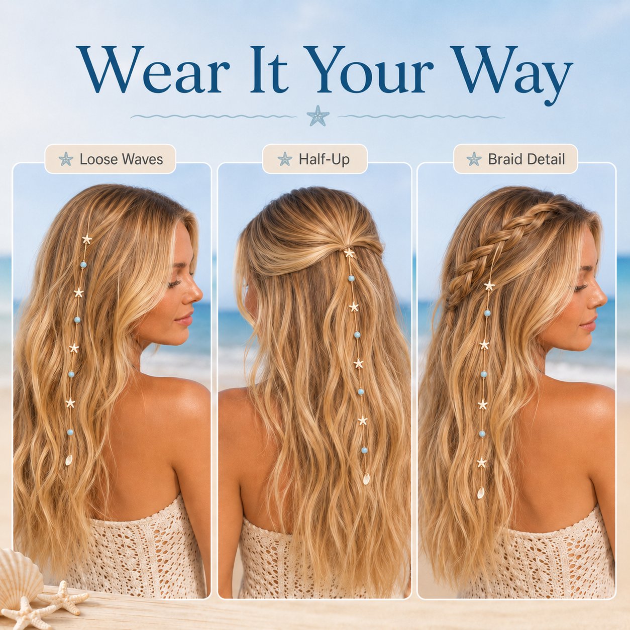 🌊⭐Beachy Mermaid Hair Accent Clip (Featuring blue bead accents, starfish, and shell charms)