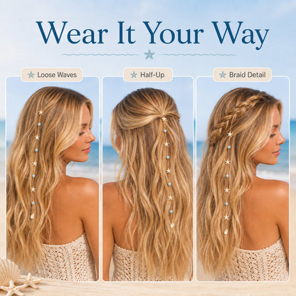 🌊⭐Beachy Mermaid Hair Accent Clip (Featuring blue bead accents, starfish, and shell charms)
