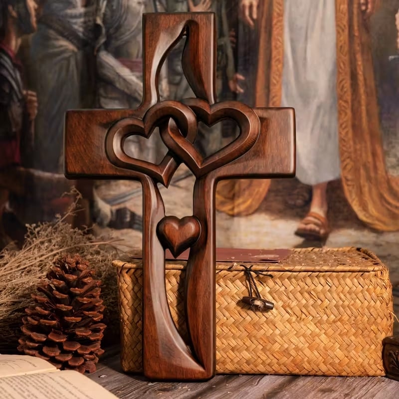 🕊️ Vintage-Style Wooden Marriage Cross with Intertwined Hearts - Hand-Carved ❤️