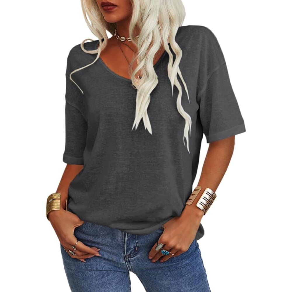 🔥 Women's Solid Color V-Neck T-Shirt Loose Fit Casual Daily Basic Top
