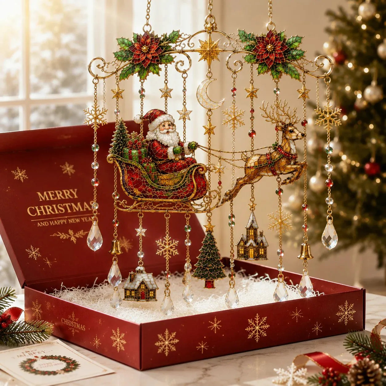 49% OFF – 🎄Handmade Christmas Stained Glass Window Hanging | Tempered Stained Glass, K9 Crystal Drops & Ready-to-Hang Holiday Decor ✨