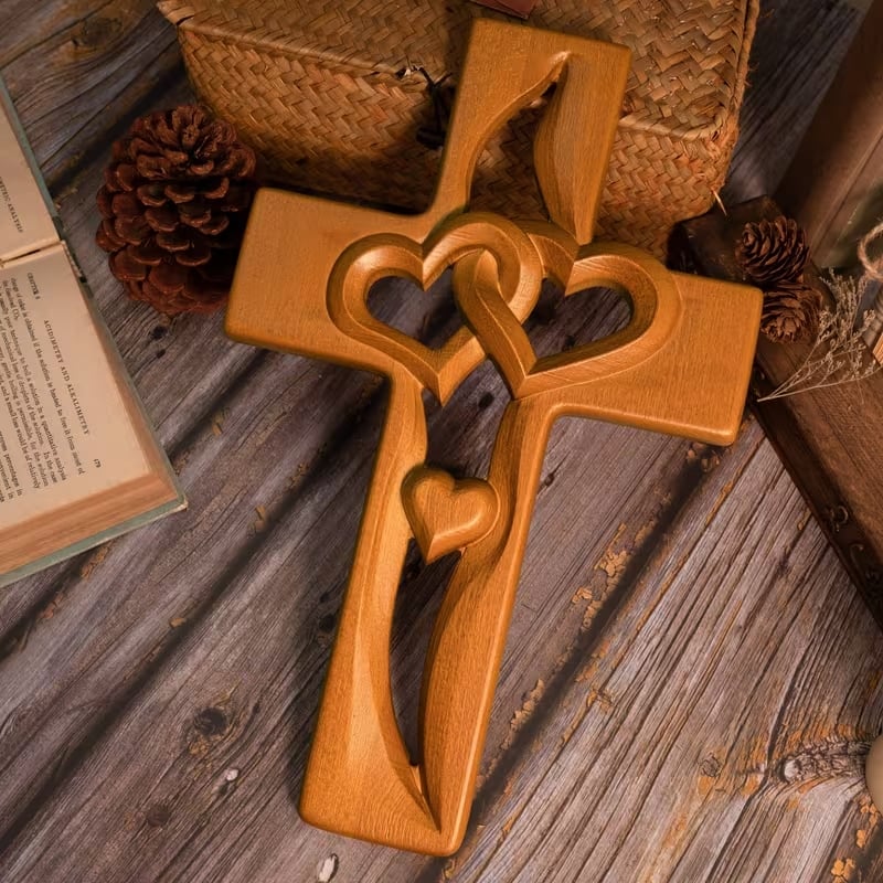 🕊️ Vintage-Style Wooden Marriage Cross with Intertwined Hearts - Hand-Carved ❤️