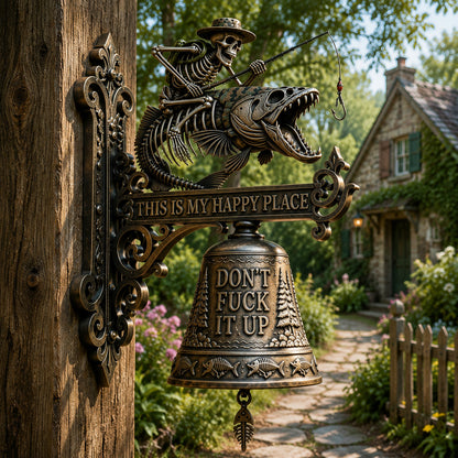 🎣 Metal Skeleton Fisherman Wall Bell – “This Is My Happy Place” Outdoor Décor🔥Buy 2 Get 10% Off
