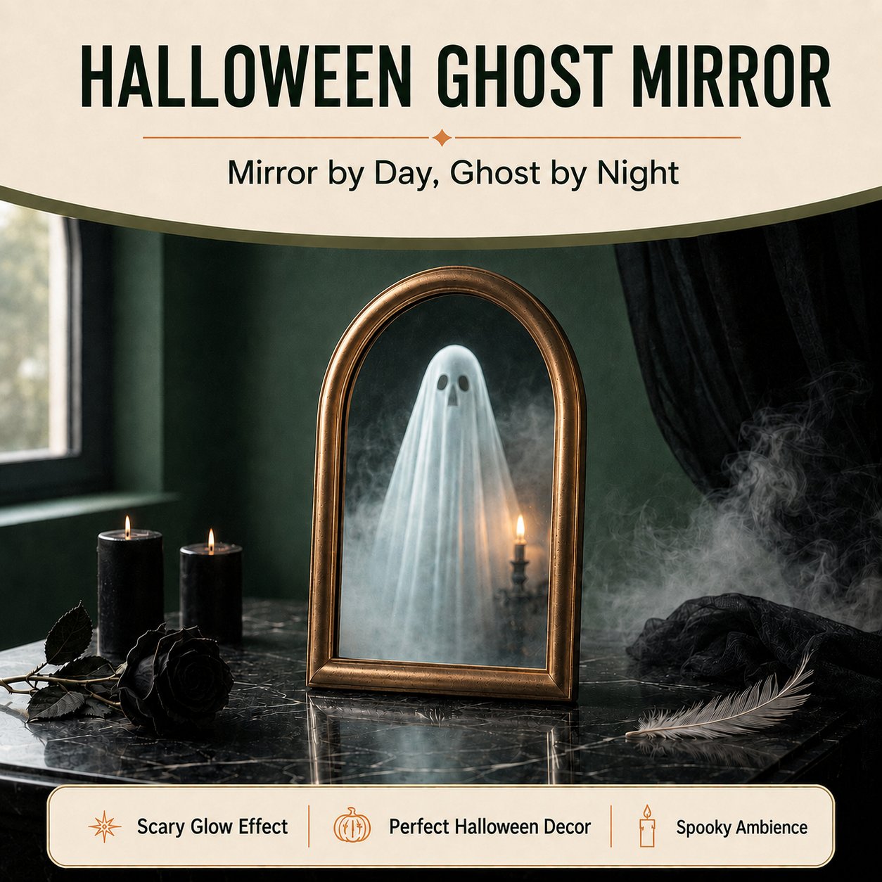 👻 Halloween Ghost Mirror with LED Candlelight Effect 🕯️